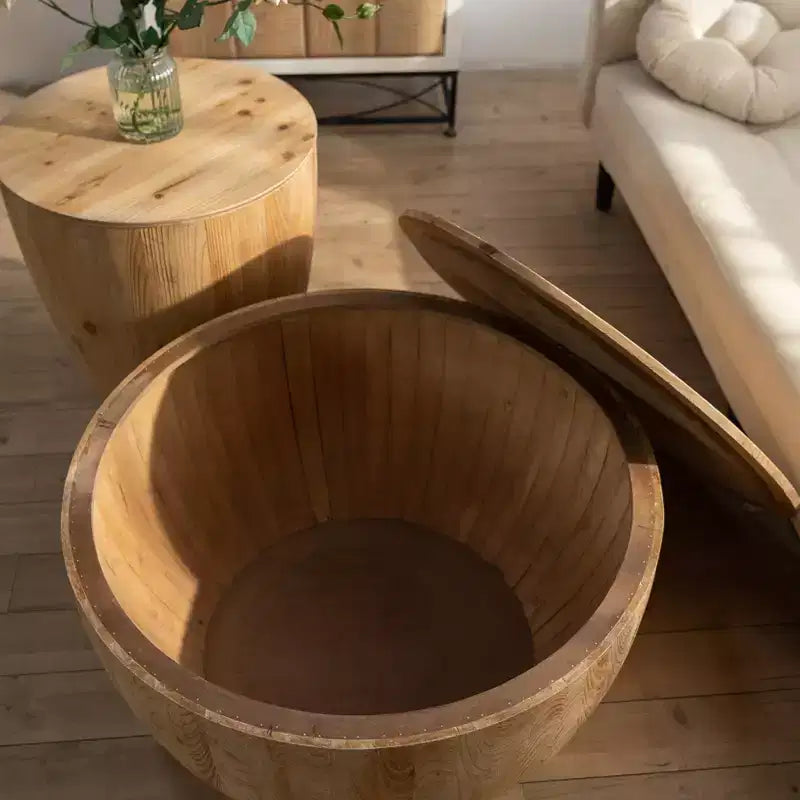 Table basse ronde de rangement rétro, en bois, adaptée au salon, à la salle à manger ou au bureau.
