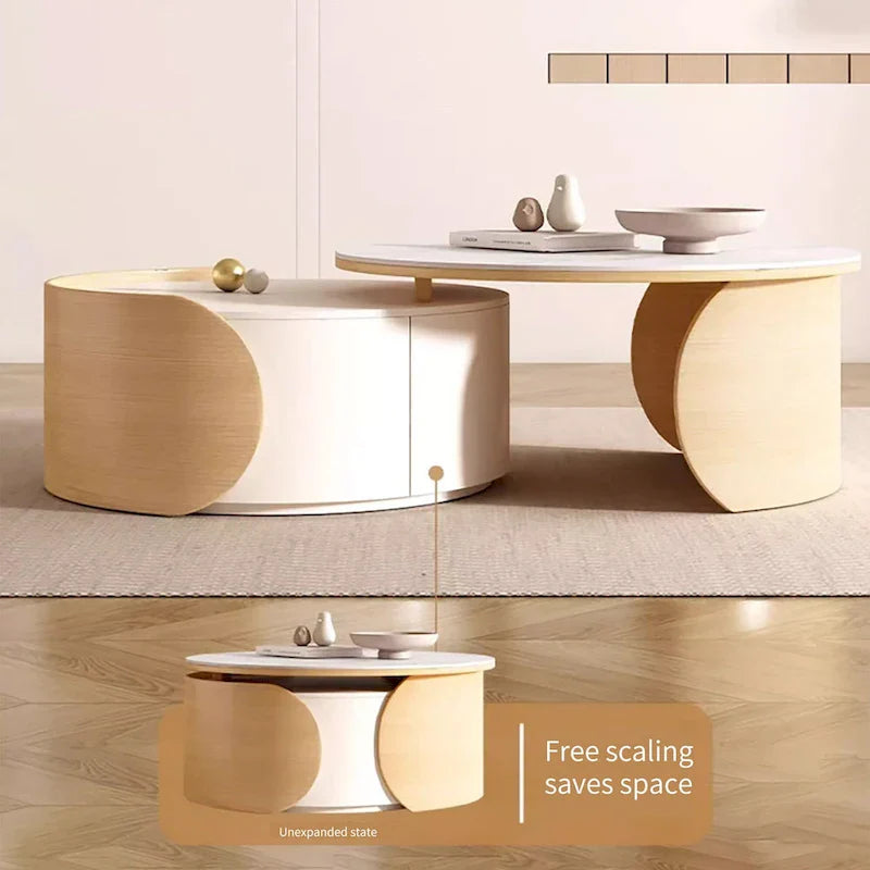 Moderne ronde salontafel, stenen tafelblad, natuurlijk hout - 50 x 31,5