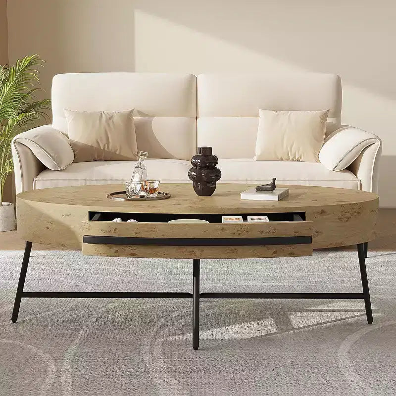 Acekool ovale salontafel met lade, houten opbergtafel van 47,2 met metalen kruispoten, moderne tafel in mid-century-stijl in naturel en goudkleurig wilgenhout