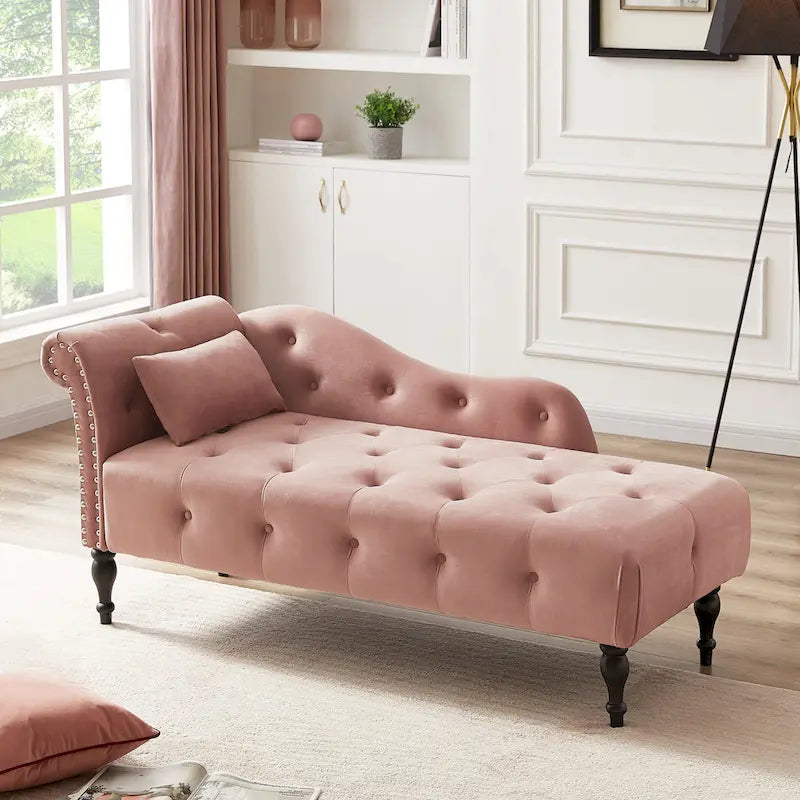 Chaise longue moderne de 60,6 po, capitonnée en velours avec boutons, pieds en bois massif et clous décoratifs