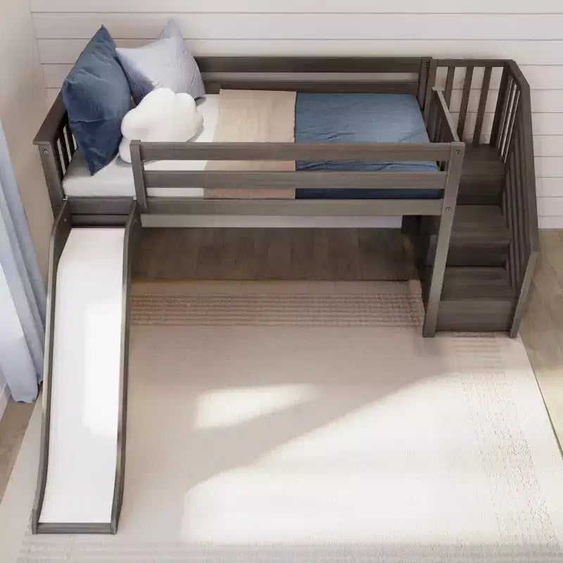 Niedriges Twin-Hochbett für Kinder mit Rutsche und Treppe, Massivholz, 14 Absturzsicherungen, Tragfähigkeit 400 lb