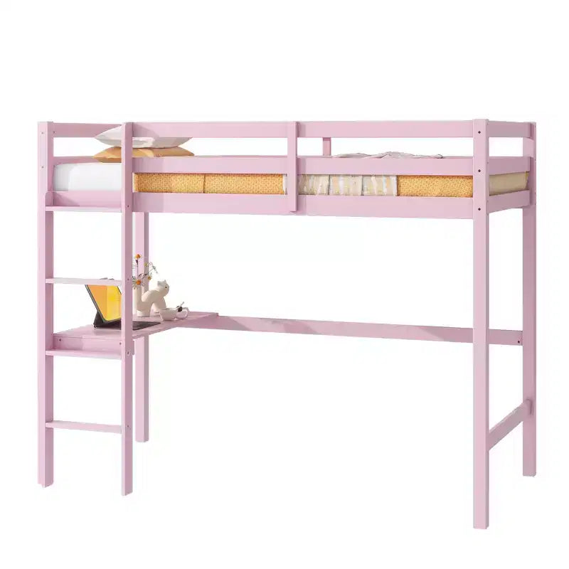 Okak Hochbett im minimalistischen Loft-Stil mit Leiter, Hochbett aus Gummibaumholz für eine Person mit Sicherheitsgeländer und integriertem Schreibtisch, Bettgestell für Kinder und Jugendliche