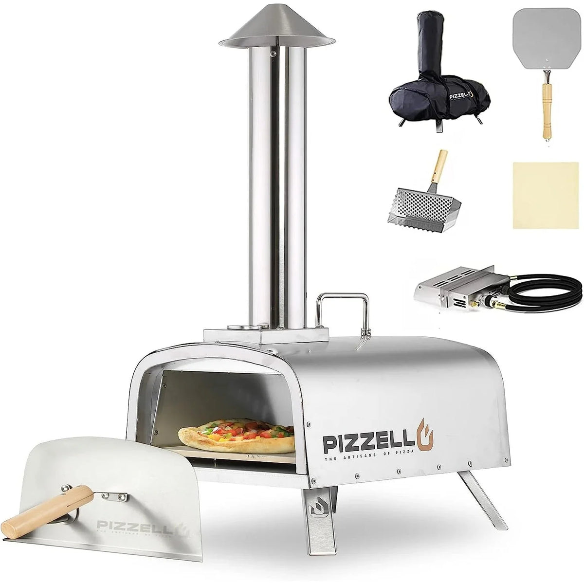 Multibrennstoff-Pizzaofen für den Außenbereich, Steinofen-Pizzaofen mit Gasbrenner und Holzfach – 12 Zoll