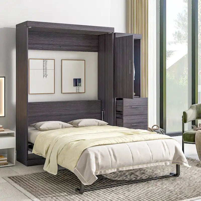 Graues klappbares Schrankbett mit Kleiderschrank und 3 Schubladen, Doppelbett/Einzelbett, für 1 Person