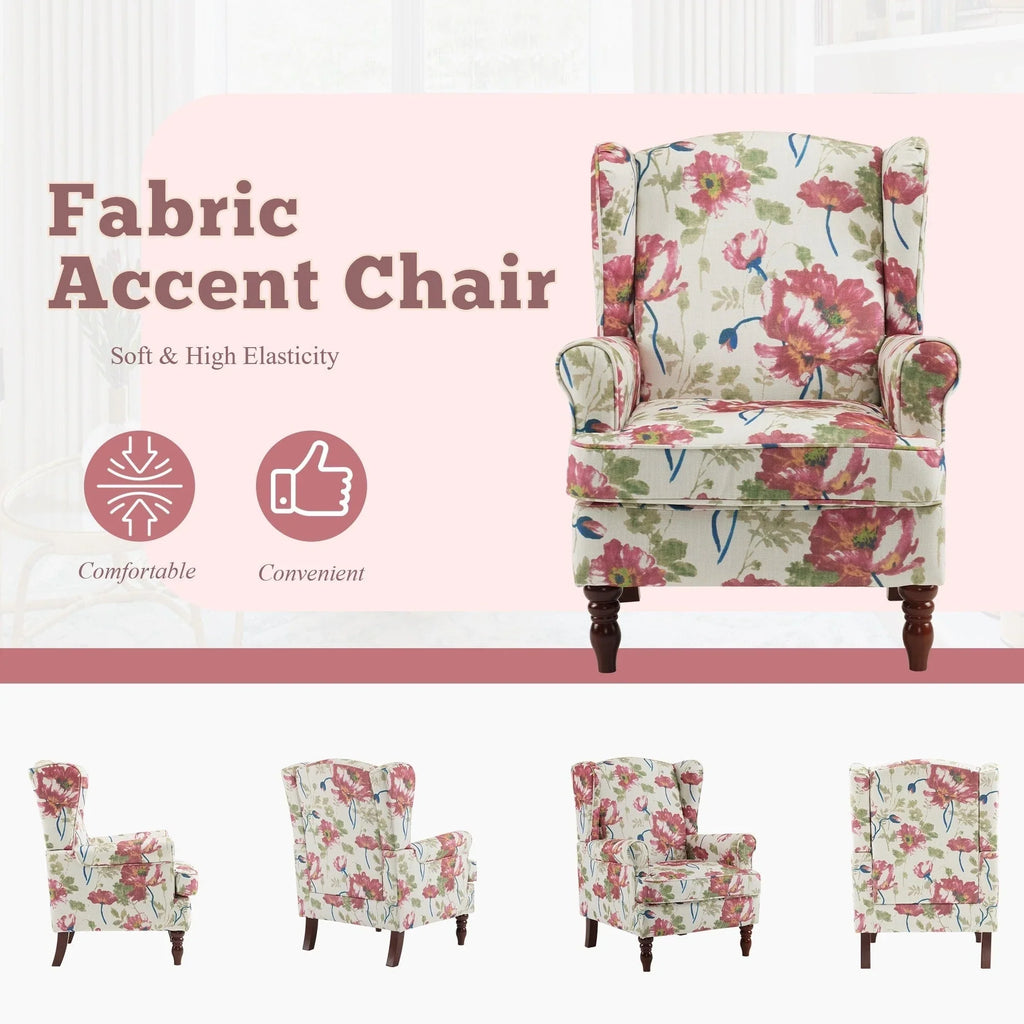 Erommy moderne accentstoel, fauteuil met hoge rugleuning, gestoffeerde stoffen fauteuil met knopen en houten poten voor de woonkamer