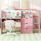 Laag stapelbed in roze/wit met bureau, opbergruimte en whiteboard - C voor 1 persoon, eenpersoonsbed