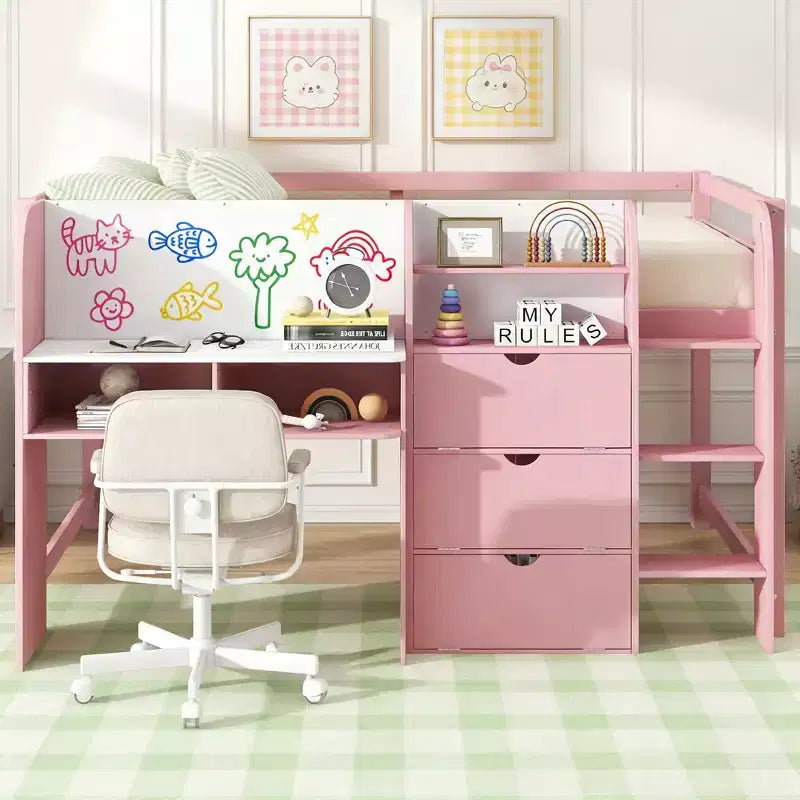Laag stapelbed in roze/wit met bureau, opbergruimte en whiteboard - C voor 1 persoon, eenpersoonsbed