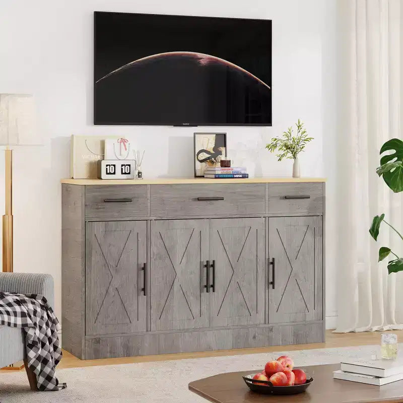 Buffet de rangement Celebalcony, grand meuble de cuisine de 53,4 pouces avec 3 tiroirs et 4 portes, étagère réglable pour la cuisine et le salon