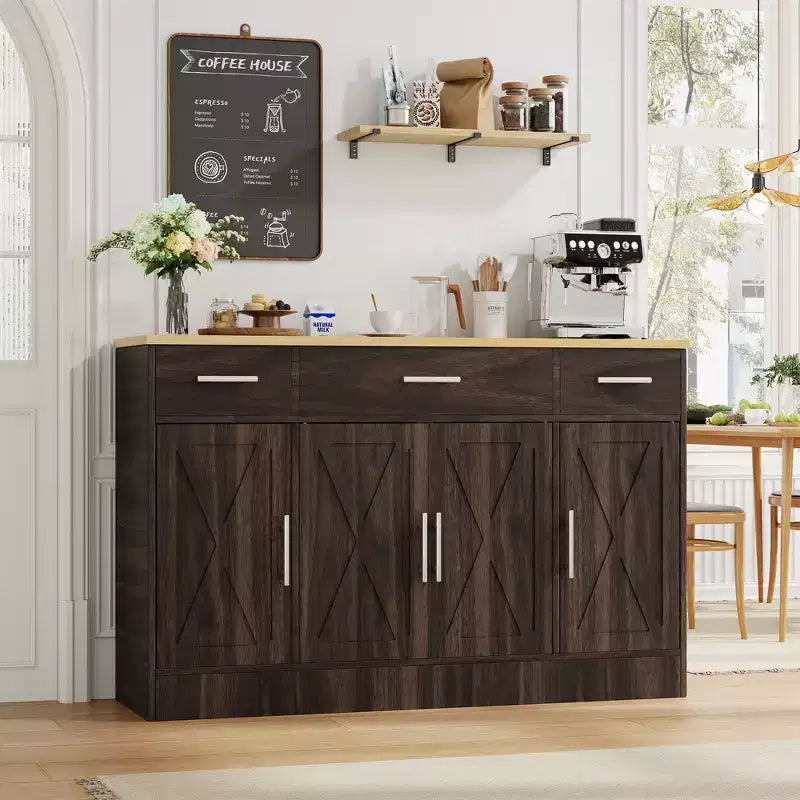 Buffet de rangement Celebalcony, grand meuble de cuisine de 53,4 pouces avec 3 tiroirs et 4 portes, étagère réglable pour la cuisine et le salon