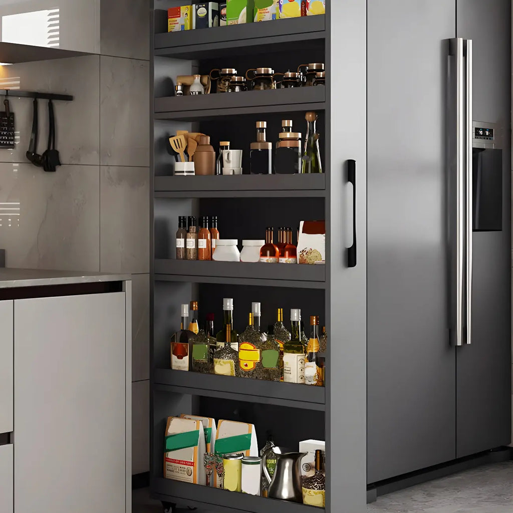 Moderner Buffetschrank aus Holz mit offenen Regalen und Rollen