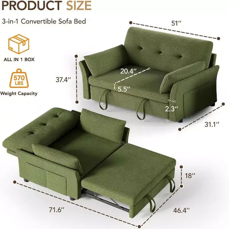 Dyonery 3-in-1-Schlafsofa, ausziehbares Schlafsofa mit Seitentasche und verstellbarer Rückenlehne, werkzeuglose Montage, klappbares Loveseat