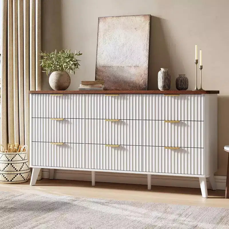 Dressoir met 9 laden en geribbelde voorkant, moderne ladekast, houten dressoir/TV-meubel met gebogen profiel, voor woonkamer of hal