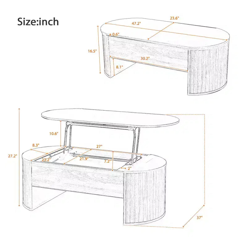 Table basse relevable ovale marron de 47,2 po avec compartiment caché