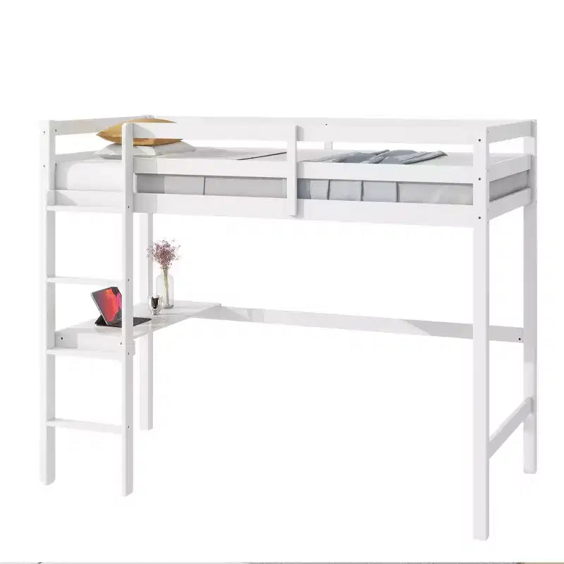 Okak Hochbett im minimalistischen Loft-Stil mit Leiter, Hochbett aus Gummibaumholz für eine Person mit Sicherheitsgeländer und integriertem Schreibtisch, Bettgestell für Kinder und Jugendliche