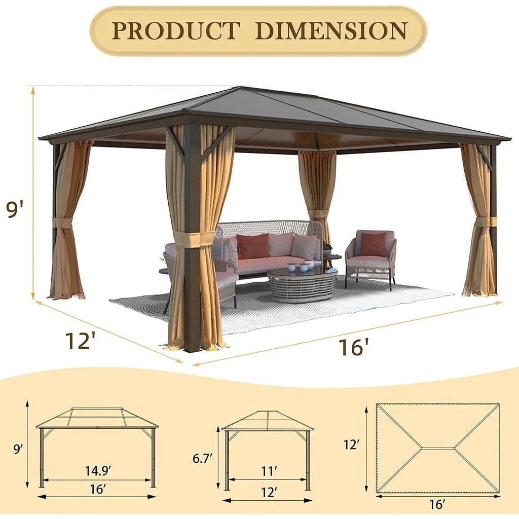 EROMMY Pavillon mit festem Dach, Outdoor-Pergola mit Doppeldach, Netzvorhängen und Vorhängen, robustes Vordach für Terrasse, Garten und Poolpartys