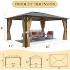 EROMMY Pavillon mit festem Dach, Outdoor-Pergola mit Doppeldach, Netzvorhängen und Vorhängen, robustes Vordach für Terrasse, Garten und Poolpartys