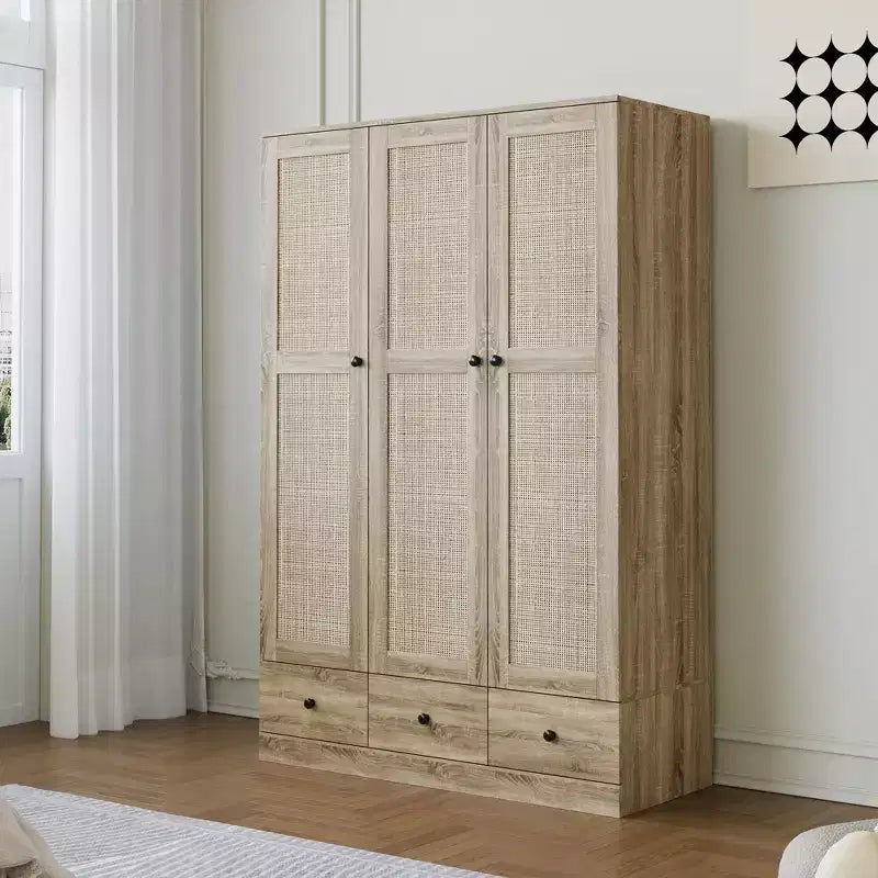 Famapy rotan kledingkast met 3 laden, kast met 3 ademende rotandeuren, hoge opbergkast in boerderijstijl voor de slaapkamer