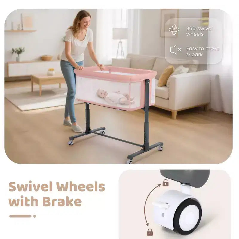 Babywiegje met wielen ??Beige / Grijs / Roze, aanschuifwiegje, voor 1 baby