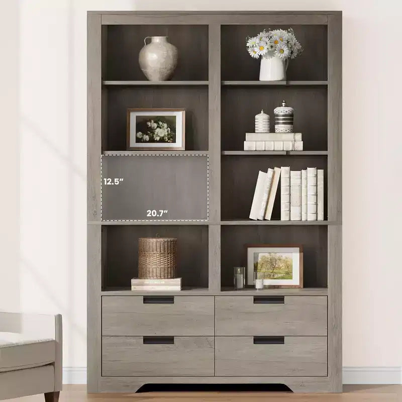 Bibliothèque haute de 72 pouces avec 4 tiroirs, bibliothèque de rangement autoportante de style maison de campagne pour chambre, salon et bureau à domicile