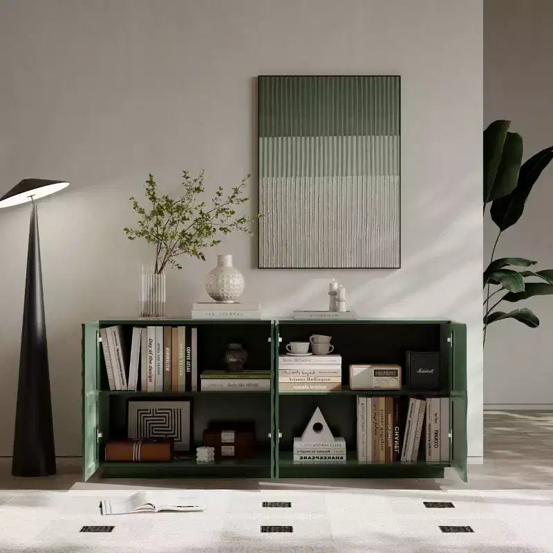 Buffet bahut en spirale moderne 59, meuble de rangement d’entrée artistique bas avec portes à texture ondulée 3D