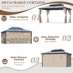 EROMMY Pavillon mit festem Dach, Outdoor-Pergola mit Doppeldach, Netzvorhängen und Vorhängen, robustes Vordach für Terrasse, Garten und Poolpartys