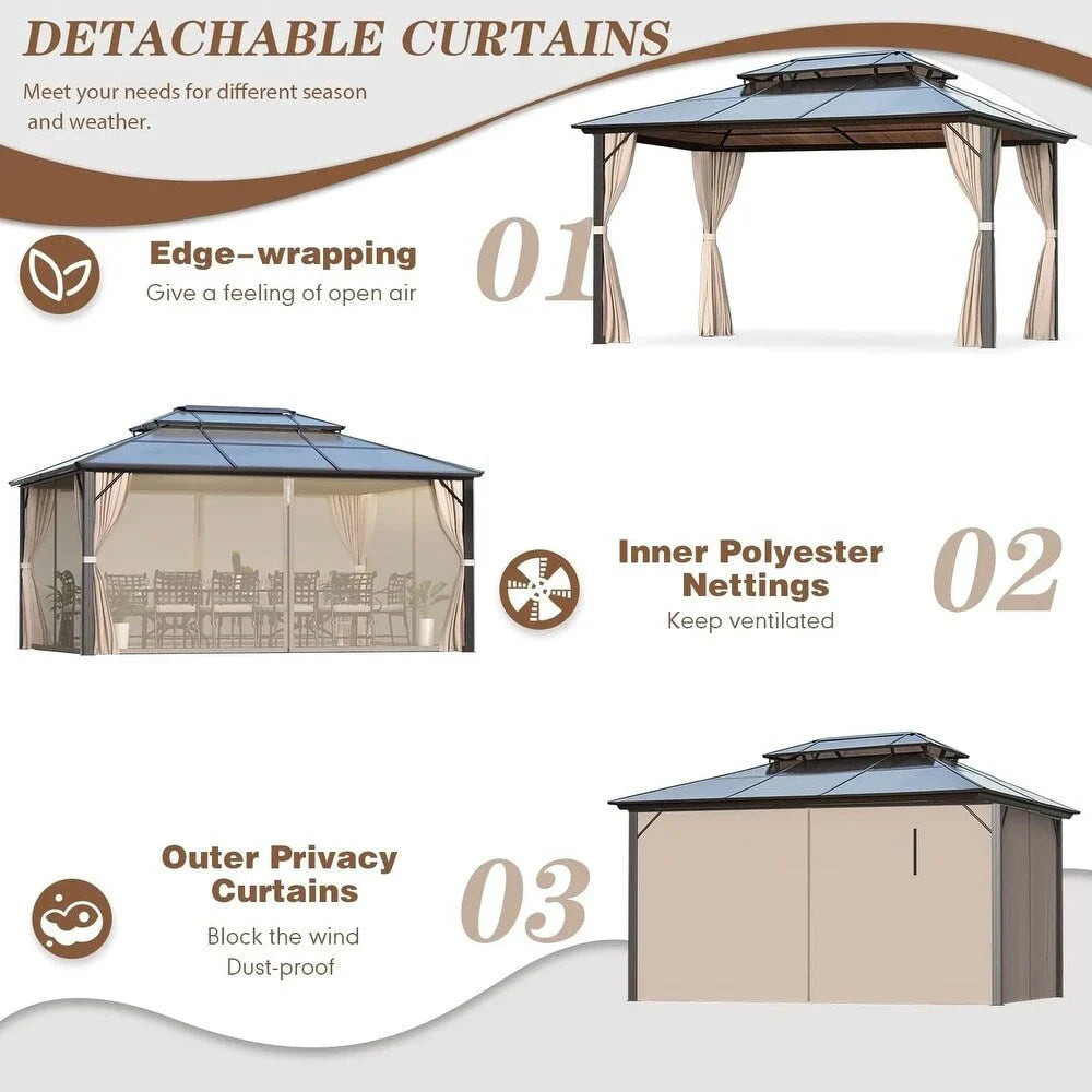 EROMMY Pavillon mit festem Dach, Outdoor-Pergola mit Doppeldach, Netzvorhängen und Vorhängen, robustes Vordach für Terrasse, Garten und Poolpartys