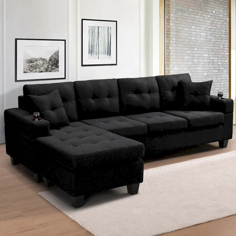 Ecksofa für das Wohnzimmer mit L-förmiger Chaiselongue und Getränkehalter