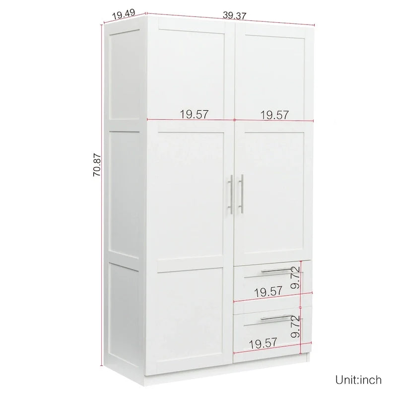 Armoire-penderie en bois blanc avec portes, tiroirs et tringle