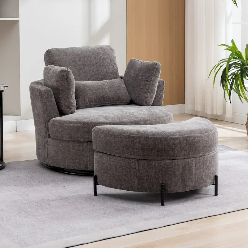 42,3W gestoffeerde draaifauteuil met 4 kussens en halvemaanvormige opberghocker