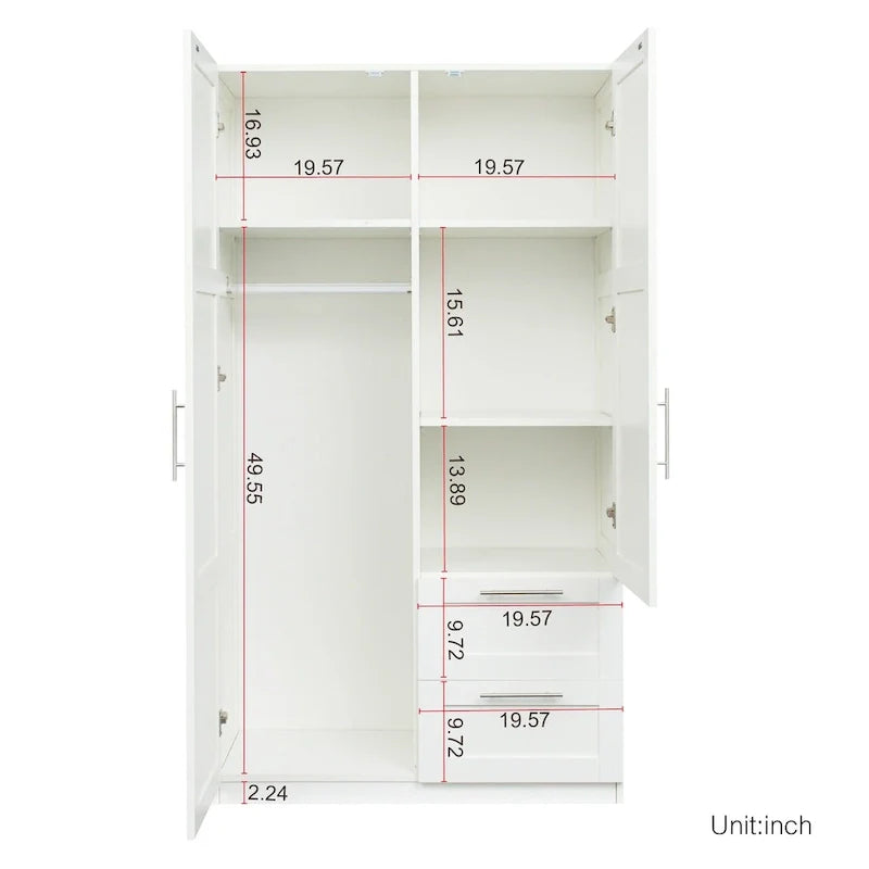 Armoire-penderie en bois blanc avec portes, tiroirs et tringle