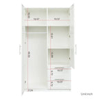 Armoire-penderie en bois blanc avec portes, tiroirs et tringle
