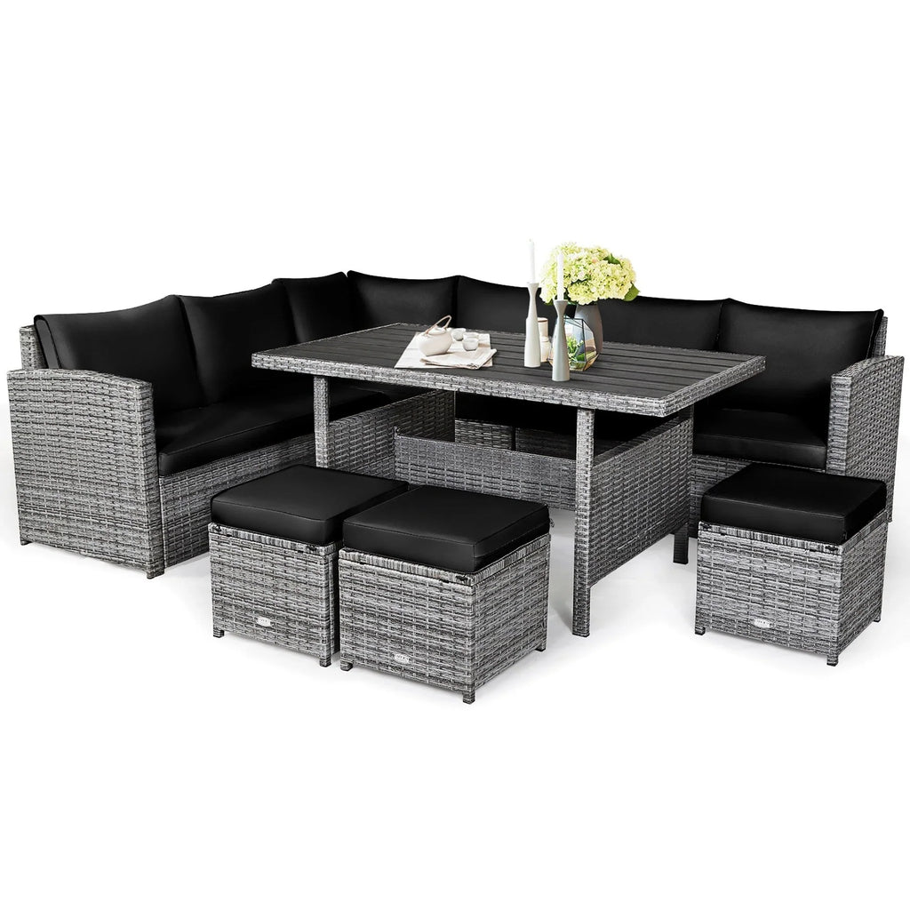 Costway Ensemble repas de jardin en rotin de 7 pièces, canapé d’angle, canapé et pouf — Voir les détails