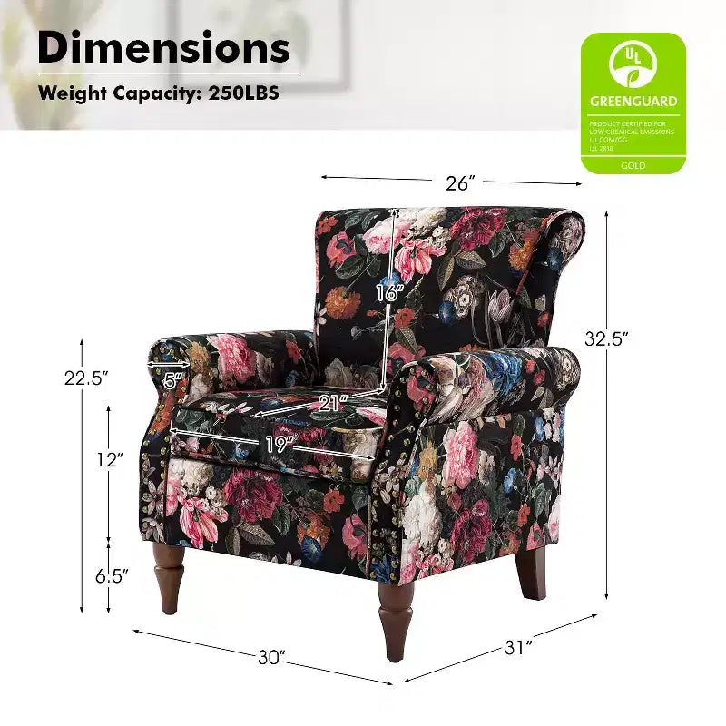 Fauteuil traditionnel Araceli en bois, rembourré à motif floral, avec dossier à oreilles et bordure cloutée| ART OF LIVING DESIGNS