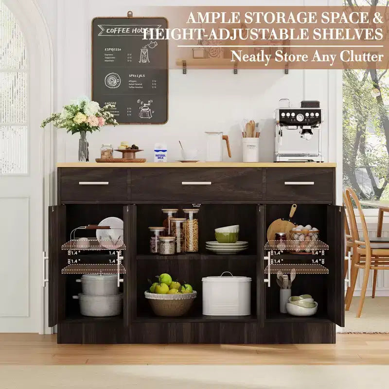 Buffet de rangement Celebalcony, grand meuble de cuisine de 53,4 pouces avec 3 tiroirs et 4 portes, étagère réglable pour la cuisine et le salon