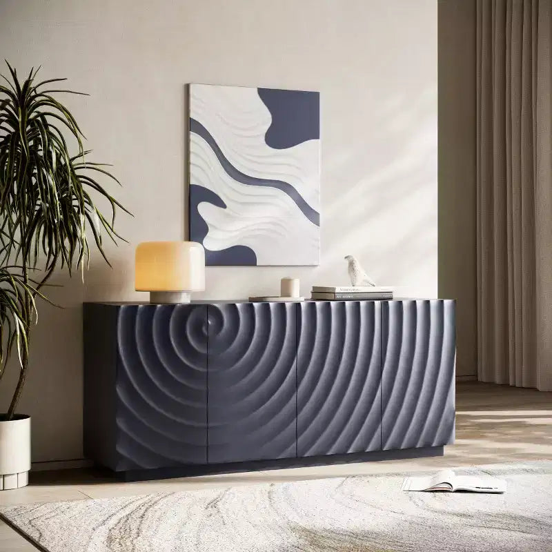 Buffet bahut en spirale moderne 59, meuble de rangement d’entrée artistique bas avec portes à texture ondulée 3D