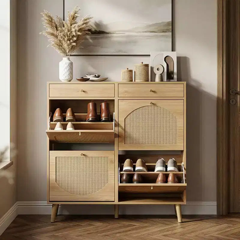 Meuble à chaussures Karl Home avec panneau en rotin, 2 tiroirs et 4 tiroirs basculants, en panneaux de particules, largeur 41,34 W