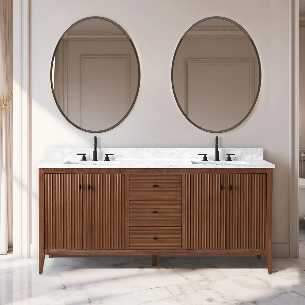 Vanity Art 72 badkamermeubel met dubbele wastafel en blad van composietmarmer