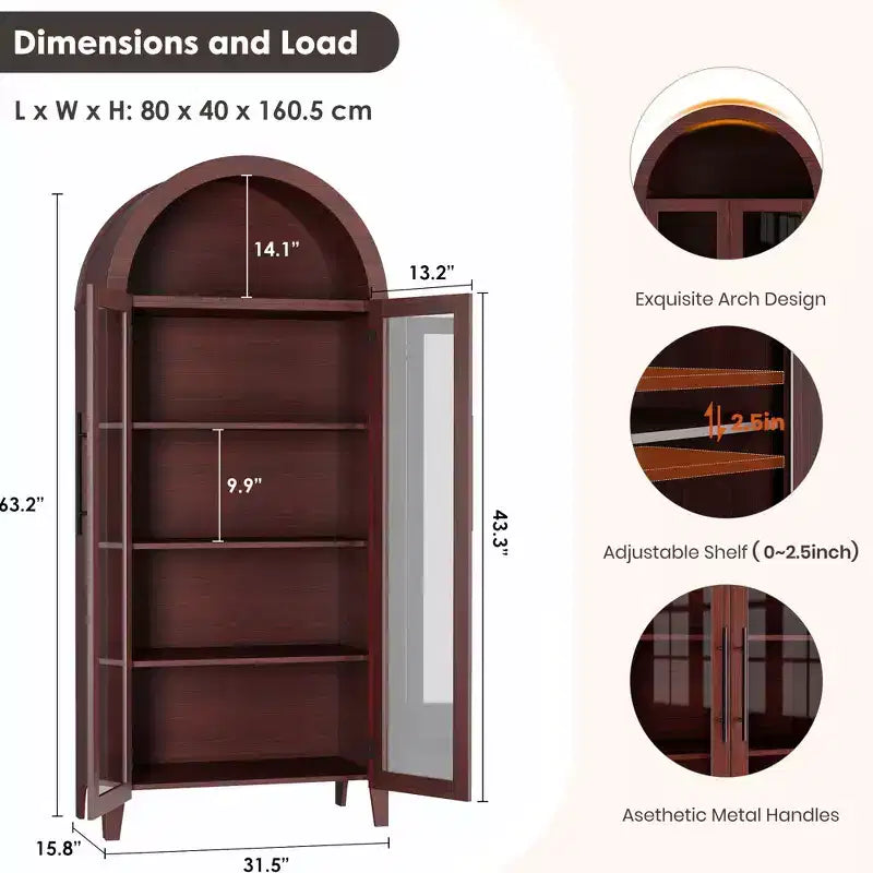 Armoire de rangement haute et cintrée avec portes vitrées, bibliothèque d’exposition à 5 niveaux avec étagères réglables pour la cuisine ou le salon