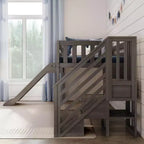 Niedriges Twin-Hochbett für Kinder mit Rutsche und Treppe, Massivholz, 14 Absturzsicherungen, Tragfähigkeit 400 lb