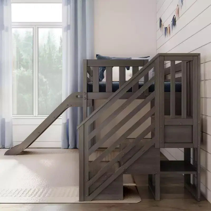 Niedriges Twin-Hochbett für Kinder mit Rutsche und Treppe, Massivholz, 14 Absturzsicherungen, Tragfähigkeit 400 lb