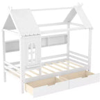 Lit plateforme en forme de maison avec tiroirs de rangement et fenêtre, cadre en bois massif avec étagères, design ludique pour enfant, blanc clair