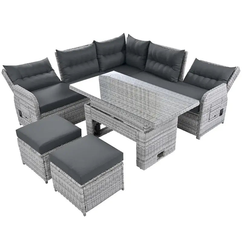 Ensemble de meubles d’extérieur en rotin avec table réglable, fauteuils inclinables et 2 poufs