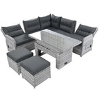 Ensemble de meubles d’extérieur en rotin avec table réglable, fauteuils inclinables et 2 poufs