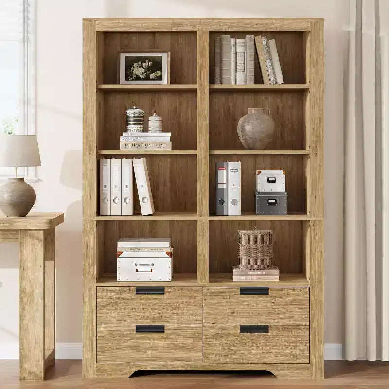Boekenkast van 72 inch hoog met 4 laden, vrijstaande boekenkast in boerderijstijl voor slaapkamer, woonkamer en thuiskantoor