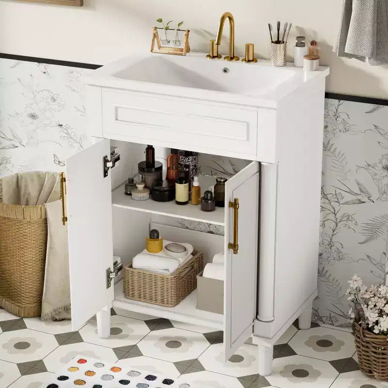 24-Zoll-Badezimmerunterschrank mit Keramikwaschbecken, Shaker-Schrank, 2 Türen mit Soft-Close-Funktion und Rahmen aus Massivholz für kleine Badezimmer oder Gäste-WCs