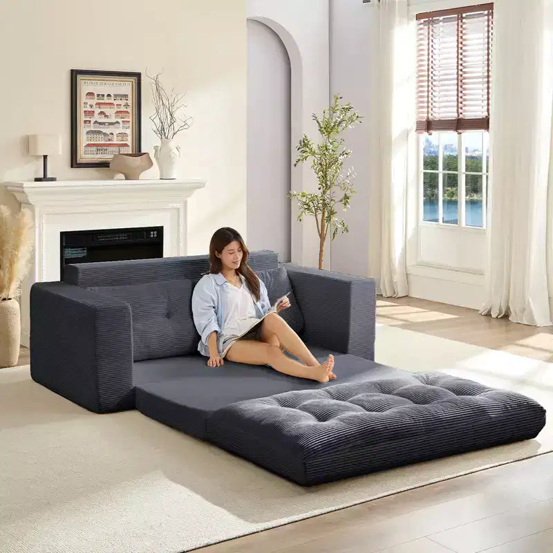 Mjkone 71' 2-in-1 slaapbank, opvouwbare loveseat met geribde stof en knopen, ruimtebesparend