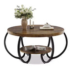 Runder industrieller Couchtisch mit 76 cm Durchmesser, 2 Ebenen, verstellbaren Füßen, Ablage in Holzoptik, Flammendesign, einfache Montage, Wohnzimmer