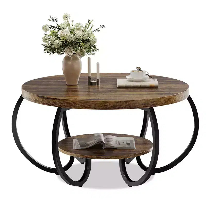 Runder industrieller Couchtisch mit 76 cm Durchmesser, 2 Ebenen, verstellbaren Füßen, Ablage in Holzoptik, Flammendesign, einfache Montage, Wohnzimmer