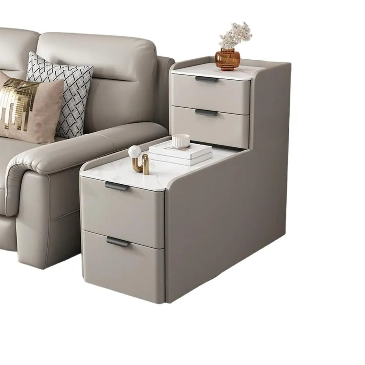 Hochseitentisch für Sofa in L-Form aus Holz mit 4 Schubladen und Steinplatte