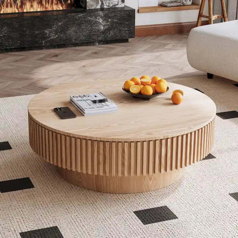 Moderner runder Kaffee- und Teetisch aus massivholzfurniertem Holz mit Stauraum